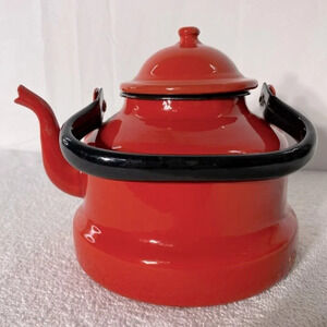 Vintage Red Enamel  Kettle Teapot With Handle